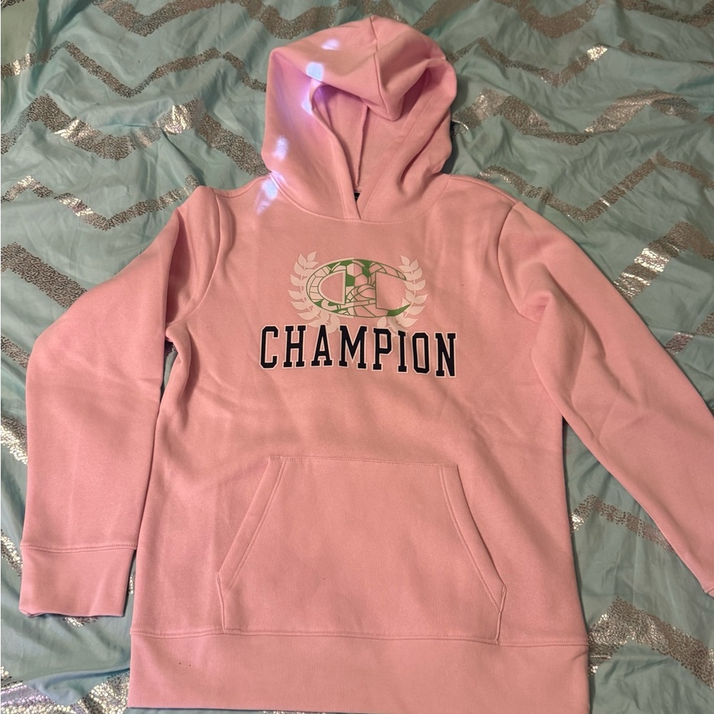Girls Champion Light Pink Pullover Hoodie in size XL (16), navy text, green logo